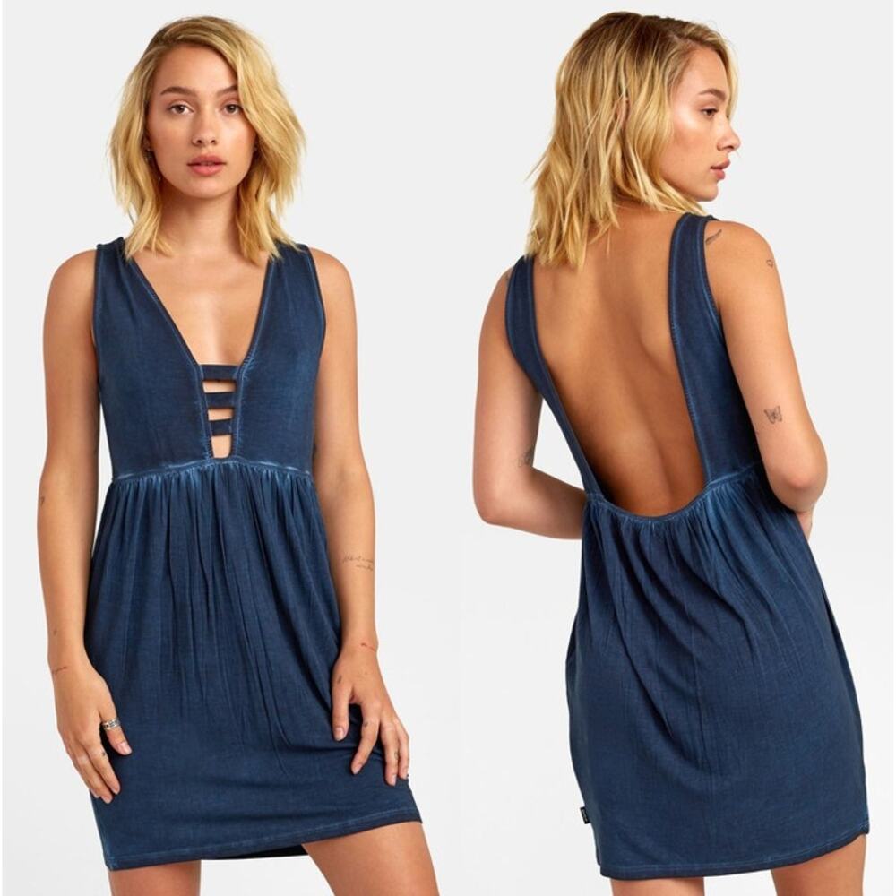 RVCA NEW Aries Mineral Wash Indigo Blue Plunging V-Neck Open Back Dress Large